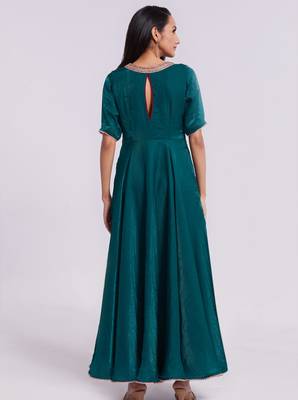 Elegant teal embroidered neck gown 5