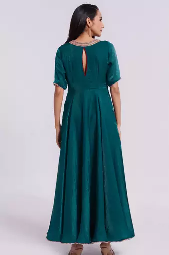 Elegant teal embroidered neck gown