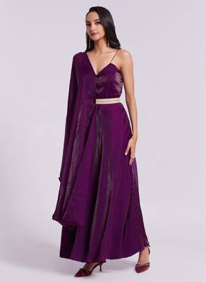 Wine belted sleeveless gown set 2