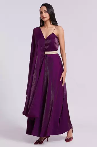 Wine belted sleeveless gown set