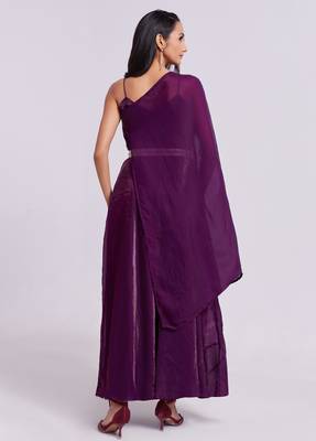 Wine belted sleeveless gown set 3