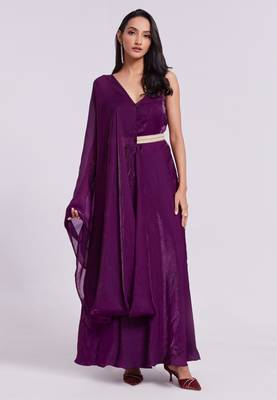 Wine belted sleeveless gown set 4