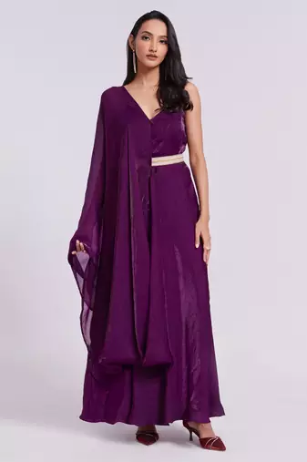 Wine belted sleeveless gown set