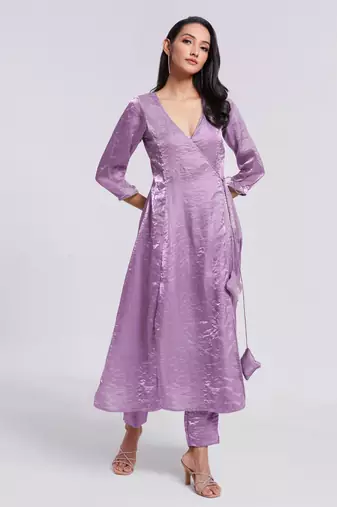 Lavender angrakha style v-neck kurta set