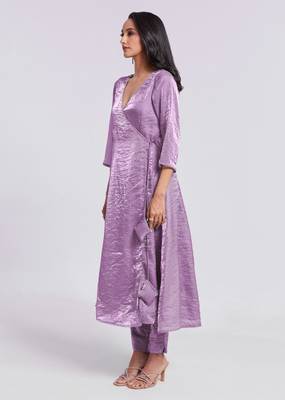 Lavender angrakha style v-neck kurta set 3