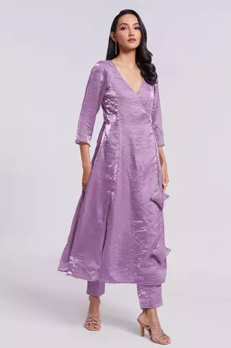 Lavender angrakha style v-neck kurta set
