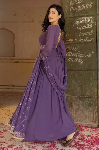 Elegant purple georgette embroidered gown with zari and sequin