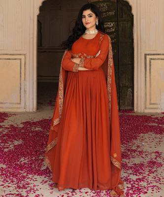 Elegant rust georgette gown with embroidered dupatta 2