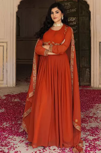 Elegant rust georgette gown with embroidered dupatta