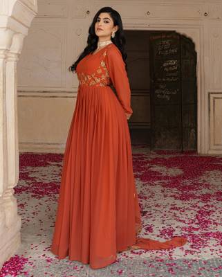 Elegant rust georgette gown with embroidered dupatta 3