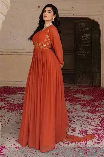 Elegant rust georgette gown with embroidered dupatta