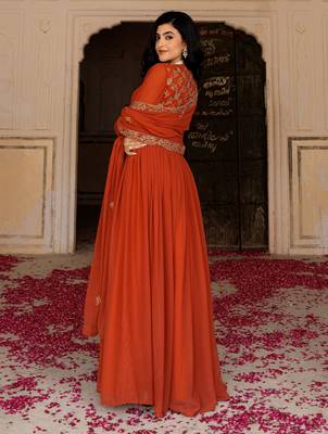 Elegant rust georgette gown with embroidered dupatta 4
