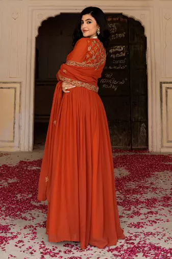 Elegant rust georgette gown with embroidered dupatta
