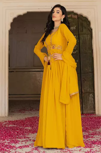 Radiant mustard yellow georgette embroidered gown with dupatta