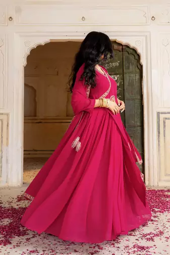 Elegant rani pink georgette gown with dupatta and embroidery work