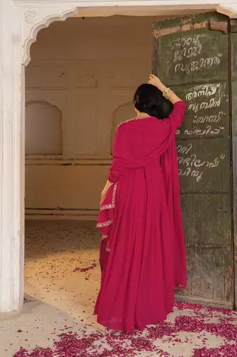 Elegant rani pink georgette gown with dupatta and embroidery work