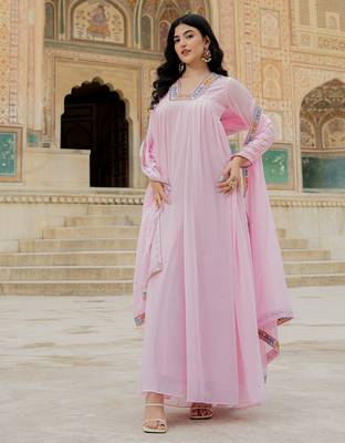 Elegant pink georgette gown with embroidered dupatta 2