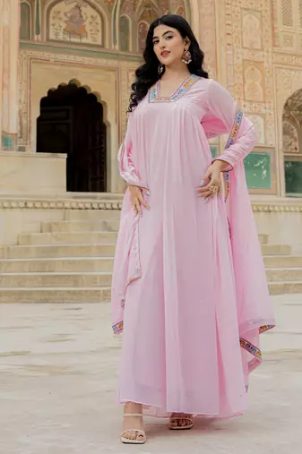 Elegant pink georgette gown with embroidered dupatta