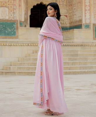 Elegant pink georgette gown with embroidered dupatta 3