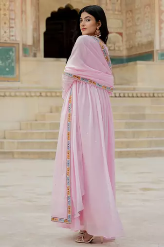 Elegant pink georgette gown with embroidered dupatta