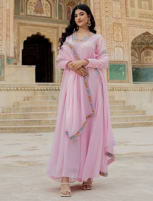 Elegant pink georgette gown with embroidered dupatta 5