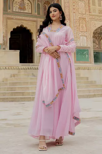 Elegant pink georgette gown with embroidered dupatta