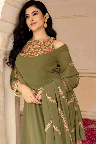 Olive green georgette embroidered gown with dupatta