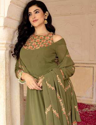 Olive green georgette embroidered gown with dupatta 3