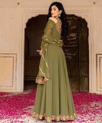 Olive green georgette embroidered gown with dupatta 4