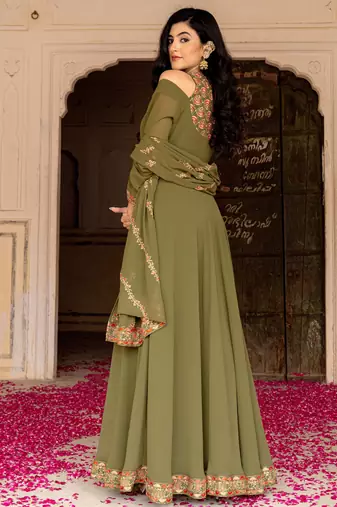 Olive green georgette embroidered gown with dupatta