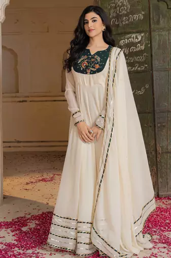 Elegant off white anarkali suit with matching embroidered dupatta