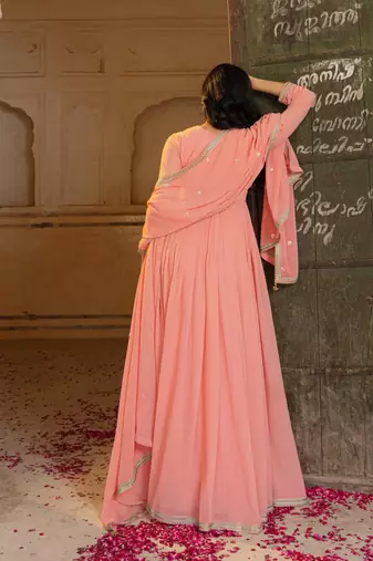 Elegant peach georgette embroidered gown with dupatta and blouse
