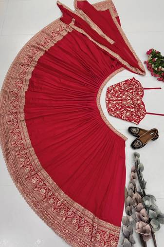 red silk blend embroidered traditional lehenga choli
