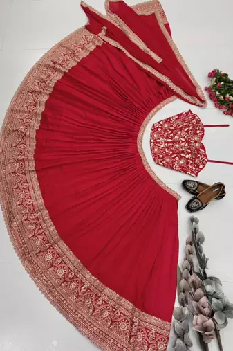 red silk blend embroidered traditional lehenga choli