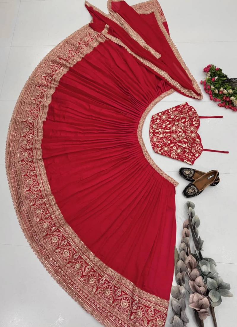 red silk blend embroidered traditional lehenga choli