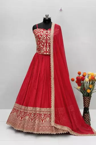 red silk blend embroidered traditional lehenga choli