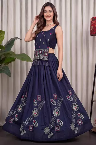 navy blue silk blend embroidered traditional lehenga choli upto 42