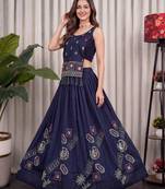 navy blue silk blend embroidered traditional lehenga choli upto 42