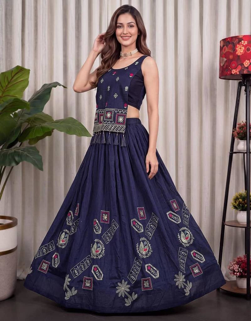 navy blue silk blend embroidered traditional lehenga choli upto 42