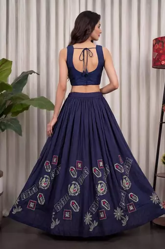 navy blue silk blend embroidered traditional lehenga choli upto 42