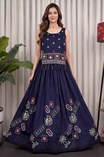 navy blue silk blend embroidered traditional lehenga choli upto 42