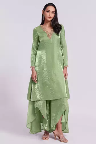 Sage green asymmetrical kurta set