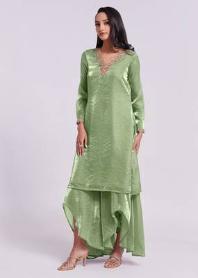Sage green asymmetrical kurta set 3