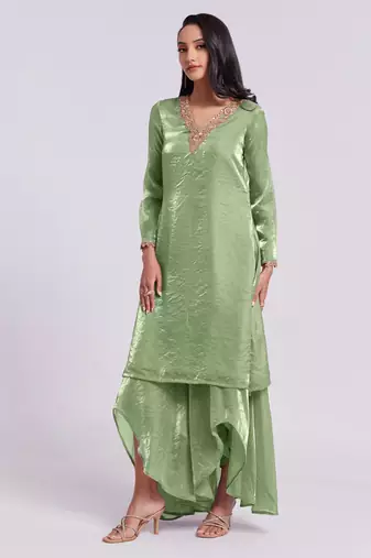 Sage green asymmetrical kurta set