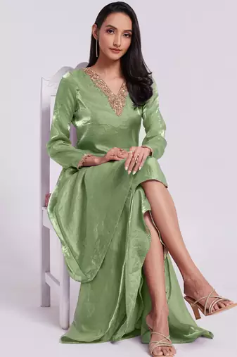 Sage green asymmetrical kurta set