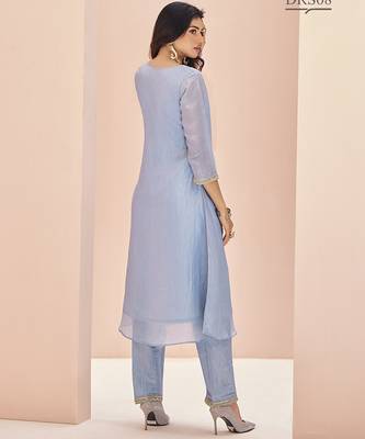 Elegant teal blue kurti trousers set with handwork 5