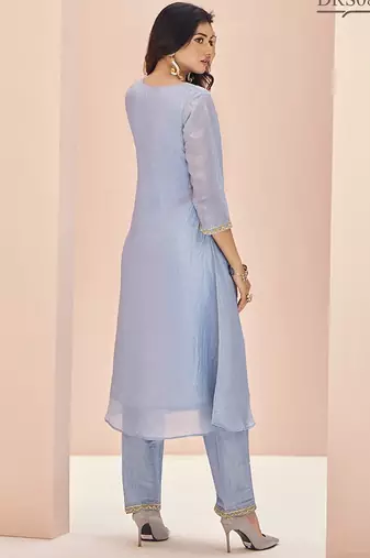Elegant teal blue kurti trousers set with handwork