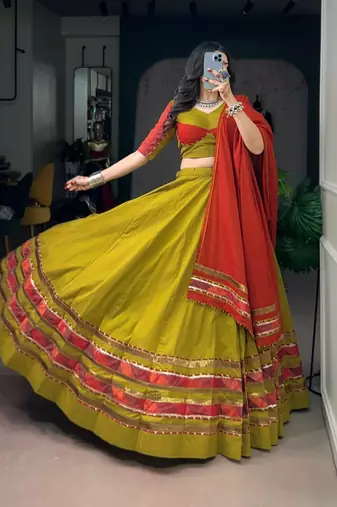 dark yellow cotton poly embroidered traditional lehenga choli upto 42
