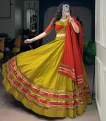 dark yellow cotton poly embroidered traditional lehenga choli upto 42
