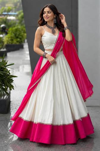 white cotton poly embroidered traditional lehenga choli upto 42